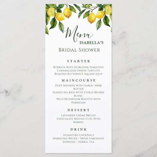 Citrus Lemon Vrijgezellenfeest Menu (Voorkant)