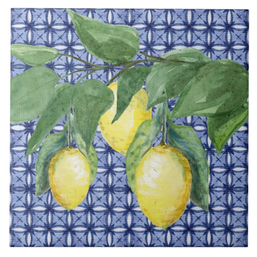 Citrus Lemon Waterverf Foliage Pattern Blue Tegeltje (Voorkant)