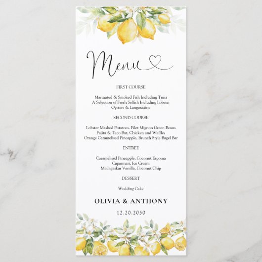 Citrus Lemon Wedding Menu (Voorkant)