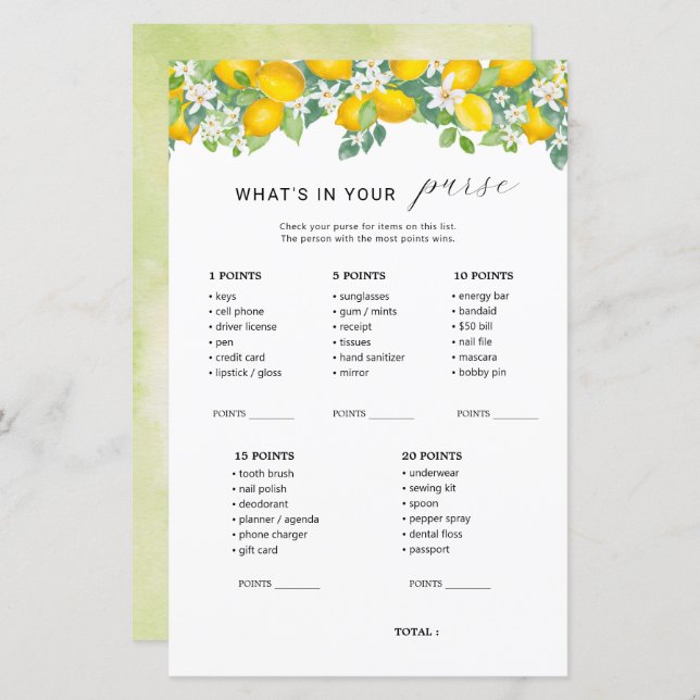 Citrus Lemon What's In Your Purse Bruidsfeest Spel (Voorkant / Achterkant)