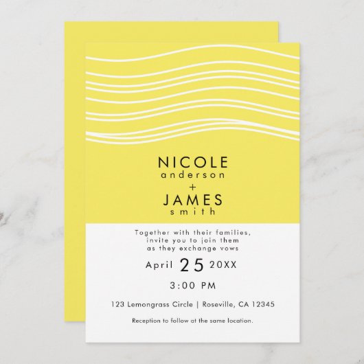 Citrus Lemon Yellow & White Wave Modern Wedding Kaart (Voorkant / Achterkant)