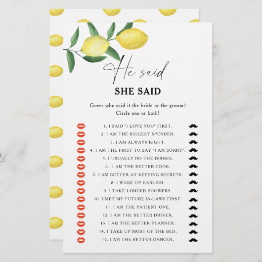 Citrus lemon zei dat ze vrijgezellenfeest spel zei (Voorkant / Achterkant)