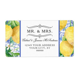 Citrus Lemons Greenery Wreath Blue en White Tegel Etiket
