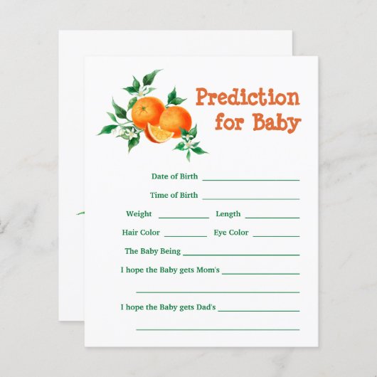 Citrus Little Cutie Baby shower Prediction Game (Voorkant / Achterkant)