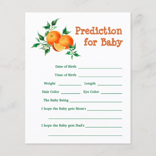 Citrus Little Cutie Baby shower Prediction Game (Voorkant)