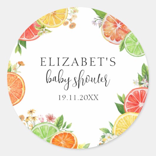 Citrus Little Cutie Baby shower Ronde Sticker (Voorkant)