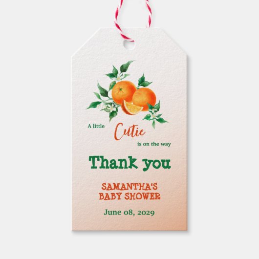 Citrus Little Cutie Botanical Oranje Baby shower Cadeaulabel (Voorkant)