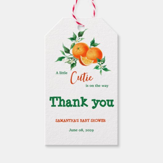 Citrus Little Cutie Greenery Oranje Baby shower Cadeaulabel (Voorkant)