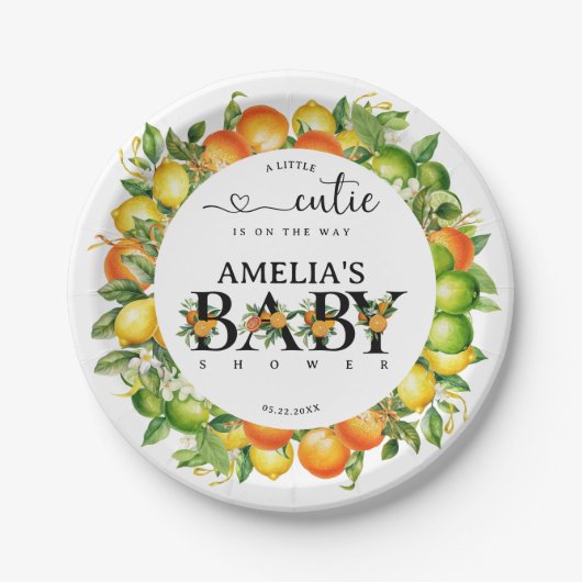 Citrus Little Cutie Sinaasappel Groene Bloem Papieren Bordje (Voorkant)