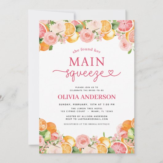 Citrus Main Squeeze QR Code Vrijgezellenfeest Kaart (Voorkant)