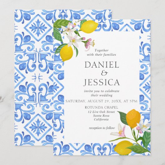 Citrus Mediterraan blauw Tegels Lemon Italië Huwel Kaart (Voorkant / Achterkant)