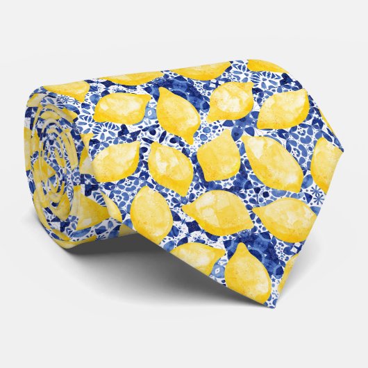 Citrus Mediterraan Blauw Witte Tegel Patroon Stropdas (Opgerold)