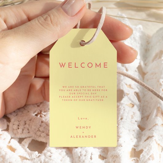 Citrus minimale gele bestemming bruiloft welkom cadeaulabel