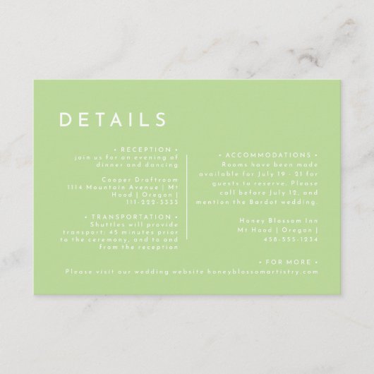 Citrus minimalistische groene bruiloft details informatiekaartje (Voorkant)