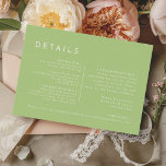Citrus minimalistische groene bruiloft details informatiekaartje<br><div class="desc">Introductie van onze Citrus Minimalist Green Wedding Details Enclosure Kaart Design, waar eenvoud samengaat met verfijning in een palet van heldere citrustinten. Met effen achtergronden in roze, sinaasappel, geel of groen, en strakke typografische lettertypen, straalt dit thema hedendaagse elegantie uit met een vleugje retro charme. Ontworpen als aanvulling op ons...</div>