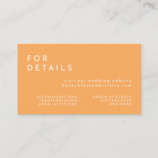 Citrus minimalistische Oranje bruiloft website Informatiekaartje (Voorkant)