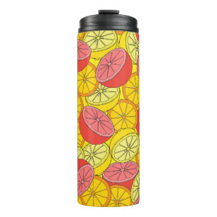 Citrus naadloos, veel sinaasappels, citroenen, gri thermosbeker