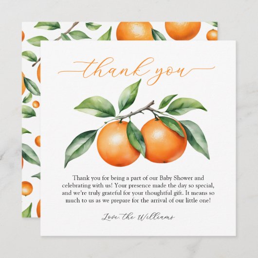 citrus-Oranje Baby shower Bedankkaart (Voorkant / Achterkant)