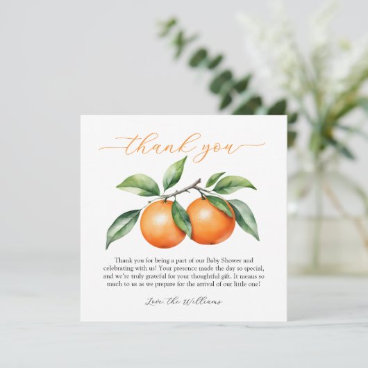 citrus-Oranje Baby shower Bedankkaart (Staand voorkant)