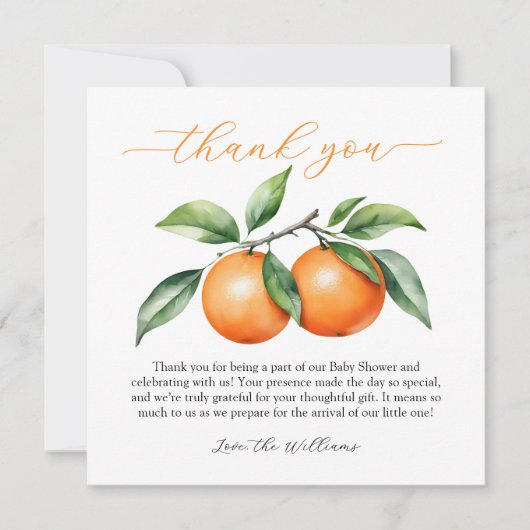 citrus-Oranje Baby shower Bedankkaart (Voorkant)