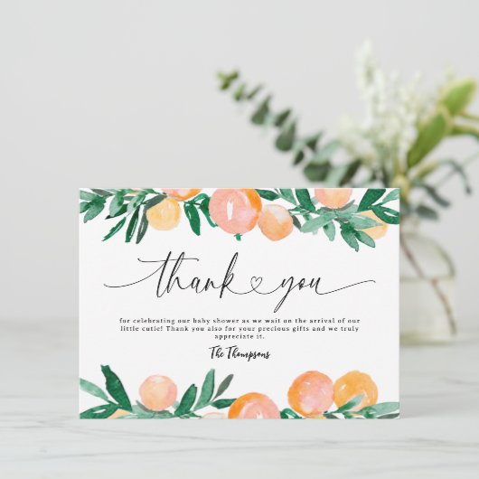 Citrus Oranje Baby shower Dank u Bedankkaart (Staand voorkant)