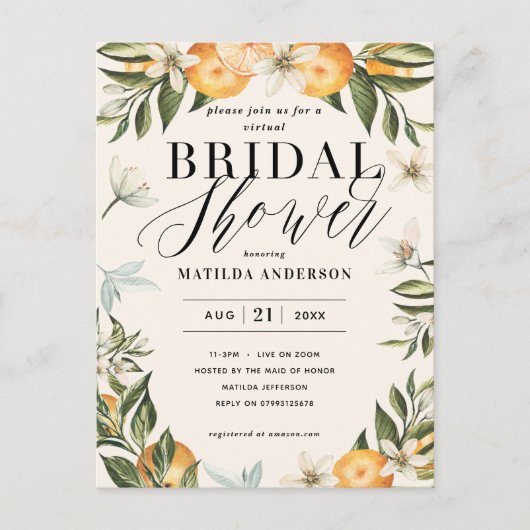 Citrus oranje blossom virtueel vrijgezellenfeest briefkaart (Voorkant)