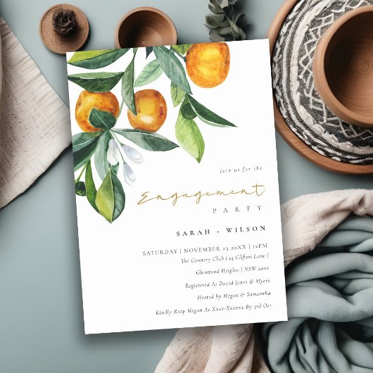 Citrus Oranje Botanical Boho Verloving Invite Bedankkaart