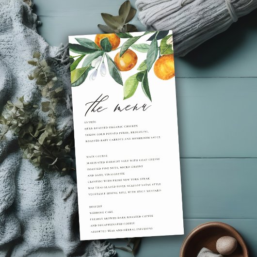 Citrus Oranje Botanical Boho Wedding Menu Kaart