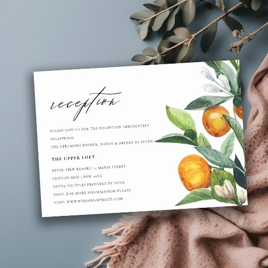 Citrus Oranje Botanical Boho Wedding Reception Informatiekaartje
