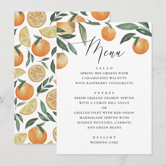 Citrus Oranje Bruiloft | Botanische Calligrafie Menu (Voorkant / Achterkant)