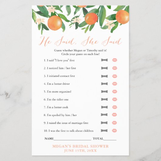 Citrus Oranje Couples Shower zei dat ze speelde Flyer (Voorkant)