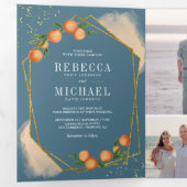 Citrus Oranje Dusty Blue Photo Collage Wedding Drieluik Uitnodiging (Binnenzijde eerst)