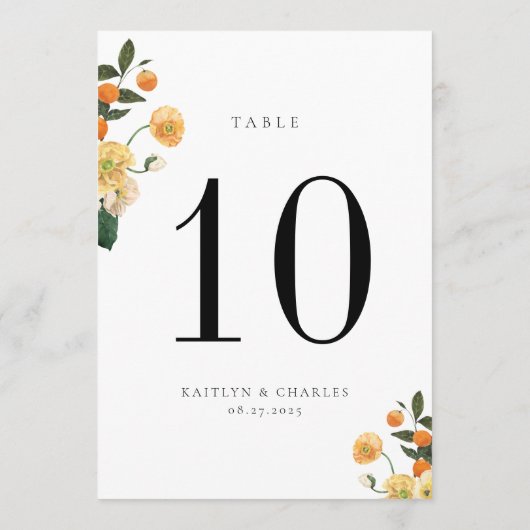 Citrus Oranje Floral Table Number Card Programmakaart (Achterkant)