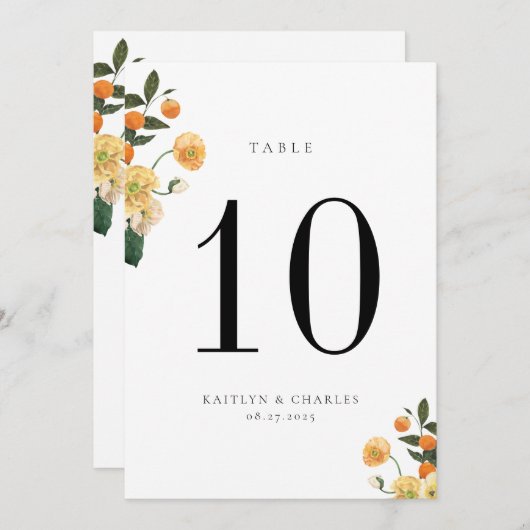 Citrus Oranje Floral Table Number Card Programmakaart (Voorkant / Achterkant)