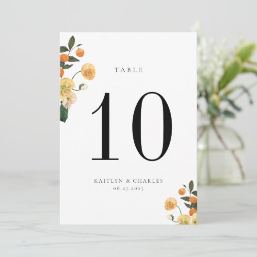 Citrus Oranje Floral Table Number Card Programmakaart (Staand voorkant)