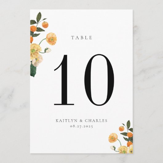 Citrus Oranje Floral Table Number Card Programmakaart (Voorkant)