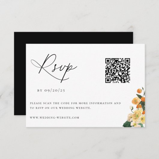 Citrus Oranje Floral Wedding QR-code RSVP Kaartje (Voorkant / Achterkant)