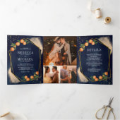 Citrus Oranje Gold Navy Blue Photo Collage Wedding Drieluik Uitnodiging (Binnen)