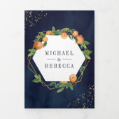 Citrus Oranje Gold Navy Blue Photo Collage Wedding Drieluik Uitnodiging (Cover)
