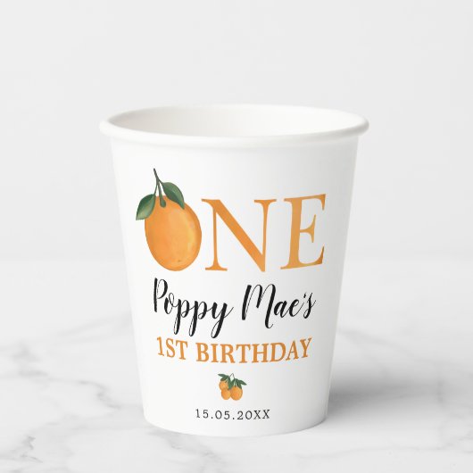 Citrus Oranje Little Cutie 1st First Birthday Papieren Bekers (Voorkant)