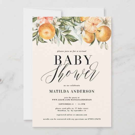 Citrus, oranje + lossom virtueel baby shower (Voorkant)