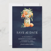 Citrus Oranje Navy Blue Mason Jar Fotobruiloft Save The Date (Voorkant)