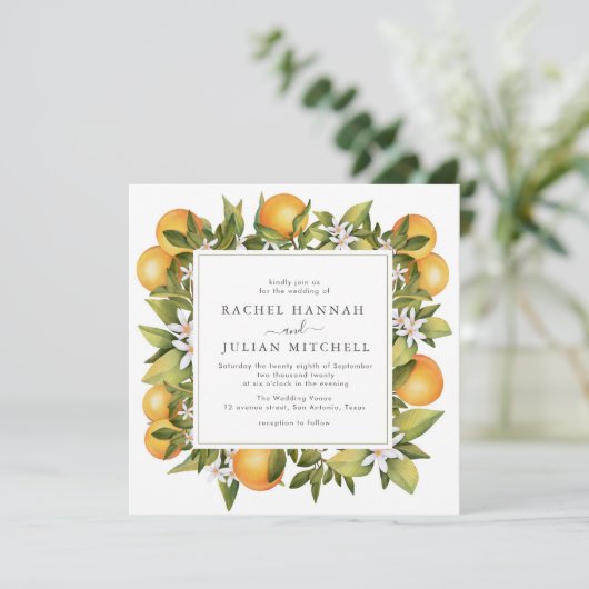 citrus oranje waterverf florale bruiloft uitnodigi kaart (Staand voorkant)