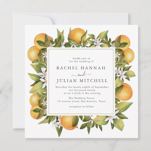 citrus oranje waterverf florale bruiloft uitnodigi kaart (Voorkant)