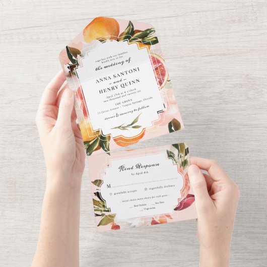 Citrus Oranje Waterverf Greenery Wedding All In One Uitnodiging (Afscheurbaar)