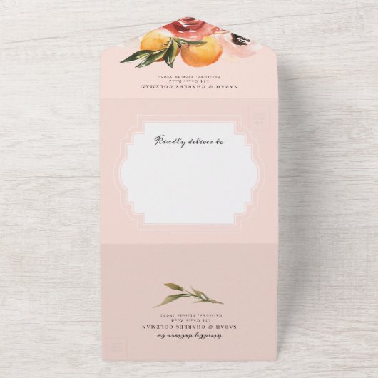 Citrus Oranje Waterverf Greenery Wedding All In One Uitnodiging (Buitenkant)