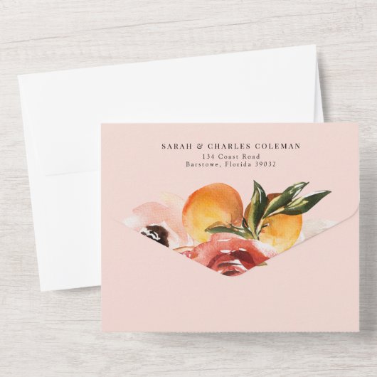 Citrus Oranje Waterverf Greenery Wedding All In One Uitnodiging (Achterkant)