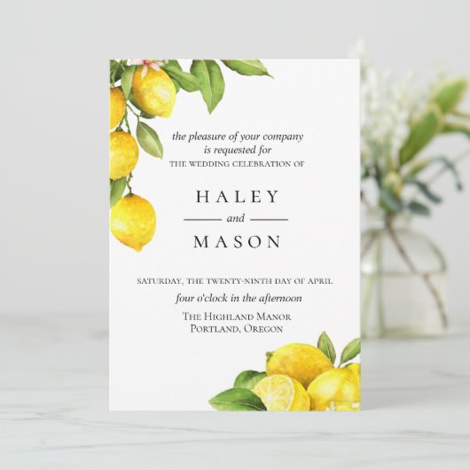 Citrus Orchard Citroen bruiloft uitnodiging (Staand voorkant)