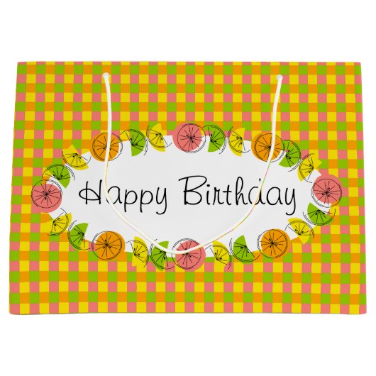 Citrus Oval Check Happy Birthday groot Groot Cadeauzakje (Voorkant)
