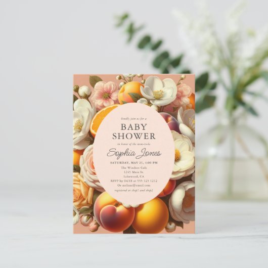 Citrus Pastel Blooms Perzik Baby shower Briefkaart (Staand voorkant)